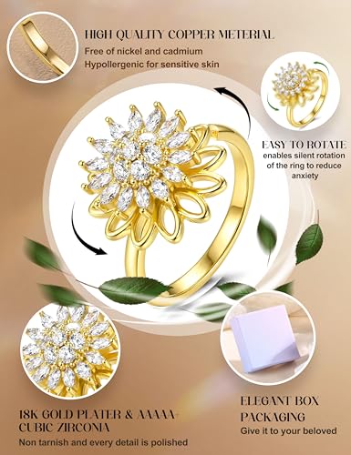 Kakonia 9 Pieces Spinner Ring Women Band Ring Spinner Ring Open Adjustable Stackable Zirkonia Planet Sunflower Flowers Ring Tu ES My Sun Ring Twirl Rings Gift