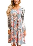 HOTAPEI Casual Long Sleeve A-line Loose T-shirt Dresses For Women With Pockets Floral Midi Dress Blue4 Large