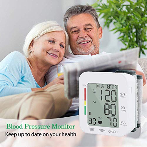 Wrist Blood Pressure Monitor, Digital BP Monitor with Memory Storage, Intelligent LCD Display Automatically Measure Pulse Diastolic Systolic and Shows Hypertension Level (White)