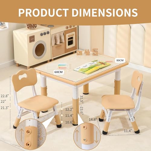 Kids Table and 2 Chairs Set, Height-Adjustable Toddler and Desk and Chair, Children Activity Graffiti Desktop for Classroom Daycare Home, 3-Piece Set Yellow Beige