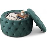 Oval Storage Ottoman with Button-Tufted Diamond Stitch, Upholstered Storage Bench with Lift Top, Multifunctional Footrest Stool for Living Room, Bedroom, Entryway (Blackish Green)