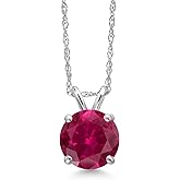 Gem Stone King 14K White Gold Red Created Ruby Pendant Necklace for Women | 1.55 Cttw | Gemstone July Birthstone | Round 7MM | With 18 Inch Chain