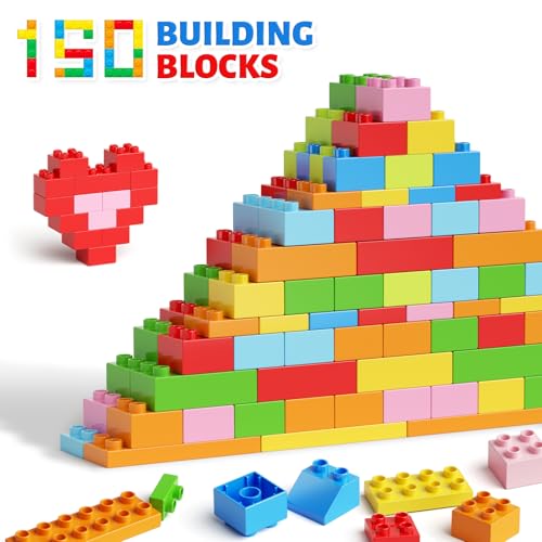 150 Pieces Classic Big Building Blocks with Storage Box, Large Toddler Blocks, Compatible with Most Major Brands, STEM Toy Gift Big Bricks, Building Blocks for Toddlers 3-5, Kids Blocks for All Ages