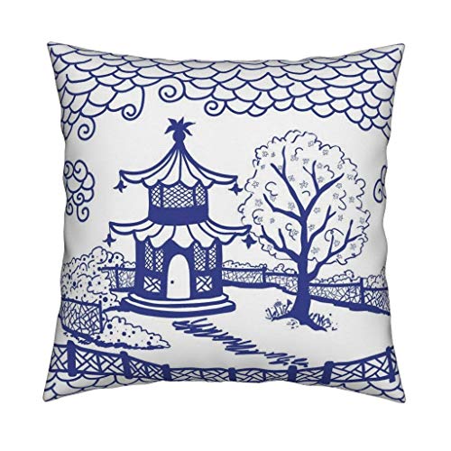 Roostery Pagoda Linen Cotton Throw Pillow Chinoiserie Fretwork Toile Clouds Scallop Blue and White by Danika Herrick Cover and Insert Included