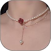 Red Rose Flower Choker Layered Rhinestone Faux Pearl Chain Women Y2K Wedding Necklace