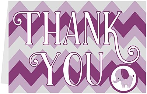 Folded Baby Shower Thank You Cards - Purple Lavender Gray Chevron Elephant Baby Girl Design (25 Count with Envelopes)