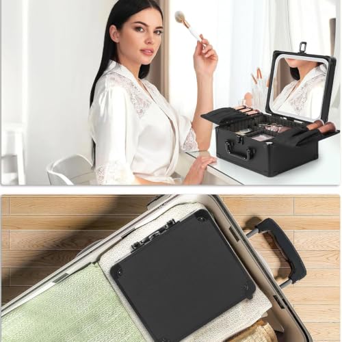 Makeup Bag with LED Mirror, Travel Train Case with Adjustable Dividers, Cosmetic Brush Organizer Storage for Women and Girls, Black 25 * 22 * 13Cm, USB Powered