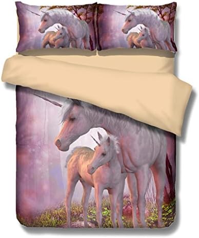 QzzieLife 3D Unicorn Horse Pattern Soft Microfiber Duvet Cover Set Queen Size Purple Red
