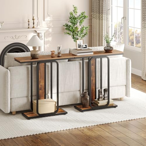 HOOBRO Industrial Style Console Table with Storage Space 2 Tier Geometric Frame Sideboard for Hallway Entryway Living Room Bedroom Rustic Brown Black EBF68XG01