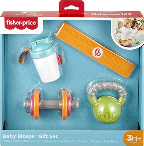 Fisher-Price Baby Teething & Rattle Toys Baby Biceps Gift Set, Gym-Themed for Infant Fine Motor & Sensory Play, 4 Pieces