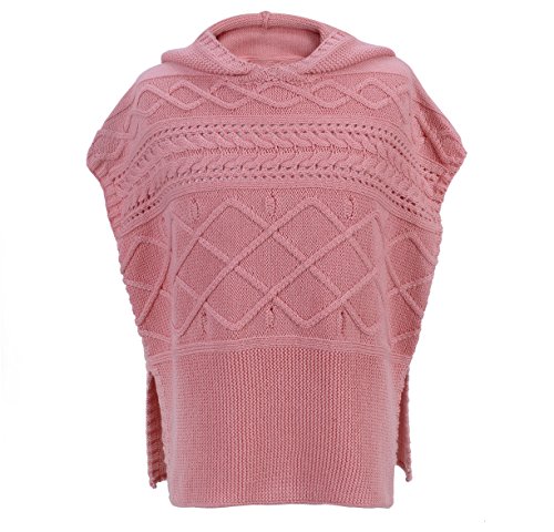 PuTian Kids- Girl Knitted Sweater Poncho Pullover with Hood-Pink-[6-7Years]