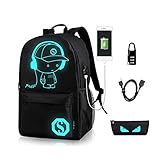 Anime Luminous Backpack Noctilucent School Bags Daypack USB chargeing port Laptop Bag Handbag For Boys Girls Men Women (Black-Music boy)