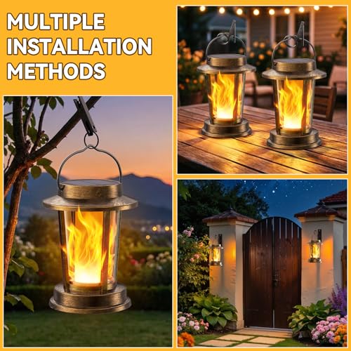 TuyLuxe Solar Lights for Outdoor Hanging/Standing, Solar Lanterns for Outdoor Warm White, IP65 Waterproof Retro Solar Lights, Garden Decoration with Clips for Outdoor Garden, 2 Pieces (Bronze, Flame