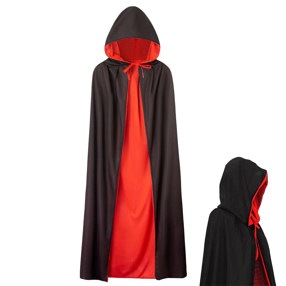 Halloween Costume Cape, Hooded Vampire Cloak Witch Long Cape 150cm Red and Black Reversible Wizard Robe Cosplay Cloak，Halloween Capes Cape Cosplay Party Supplies, Masquerade Party Cosplay Costumes