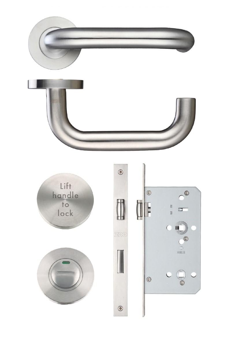IRONZONE® A Set of Lift to Lock Disabled Facility Toilet Door Furniture Mortice Door Lock Handle Set Satin Stainless Steel, Provides Privacy to bathrooms with Simply Pushing The Handle Upwards