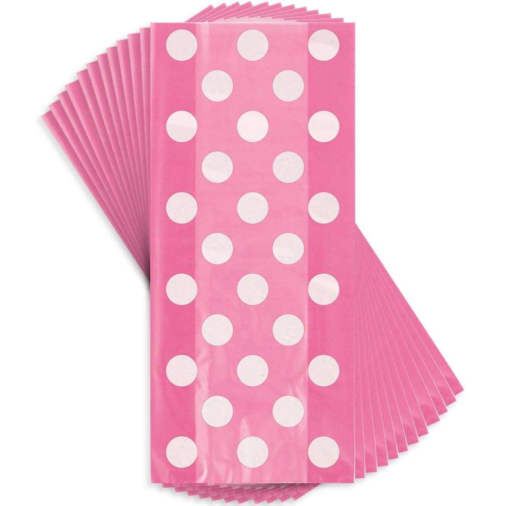 Hot Pink Polka Dots Cellophane Bags (27cm x 12cm) Pack of 20 - Stylish Gift and Treat Bags for Parties and Events