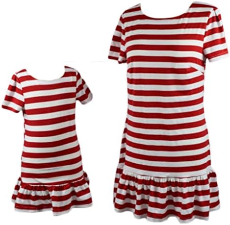 unniful Mother and Daughter Stripe Short Sleeve Ruffle Drop Waist Mini Dress Family Matching Clothes (M, Mom/Red Stripe)