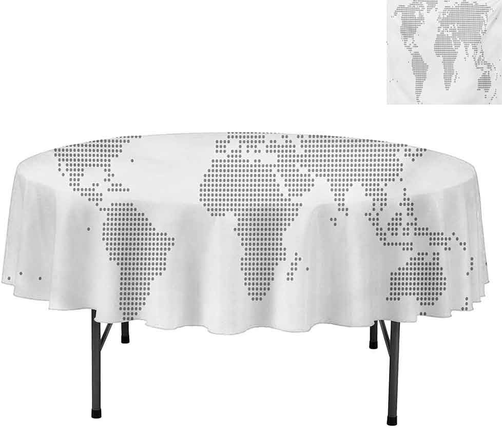 Aishare Store Tablecloths, World Map with Graphic Dots Pixelated Seem Spotted Conti, Table Cover for Kitchen Dinner Table, Round 36", Grey White