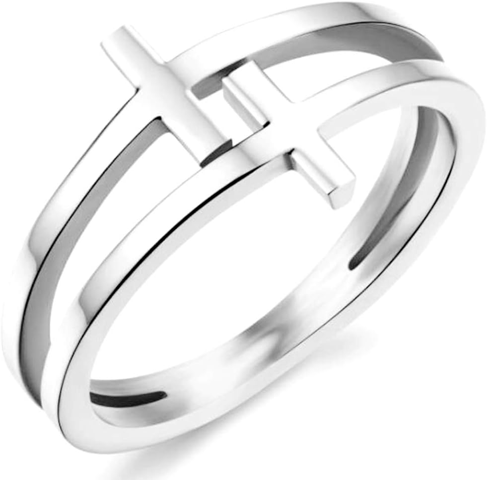 Stainless Steel Double Christian Cross Ring Size 4-12
