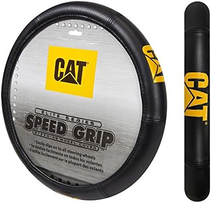 Caterpillar Cat Yellow Logo Elite Leather Steering Wheel Cover - Car Truck SUV &amp; Van, Performance Grip, Universal Size Fit 14.5"-15.5", Auto Interior Accessories