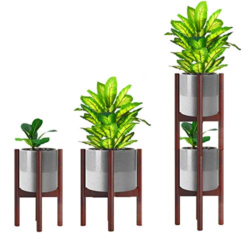 2 Pack Stackable Plant Stand, 2 Layer Mid Century Wood Flower Pot Holder, Display Potted Rack, Adjustable 8 to 12 inches, (Pot & Plant Not Included), Brown