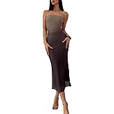 LIGHT DOT Women's Summer Dress Ombre Strapless Tube Gradient Bodycon Long Side Slit Mesh Layered (Brown,XL)