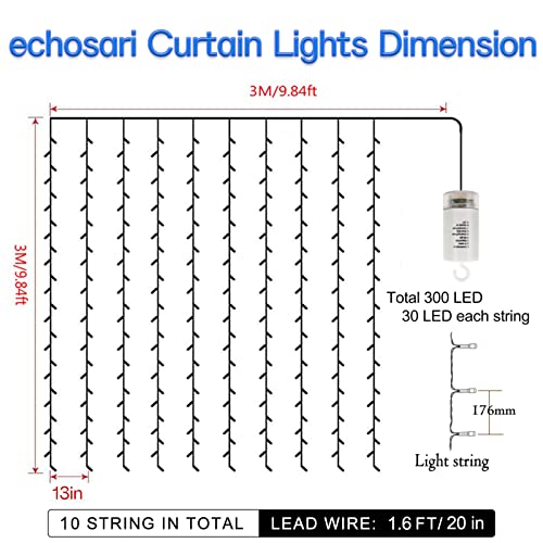 echosari Curtain Lights Battery Operated, 300 LED 9.8ft×9.8ft Fairy