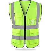 HYCOPROT High Visibility Safety Reflective Vest with Pockets and Zipper, Meets ANSI/ISEA Standards