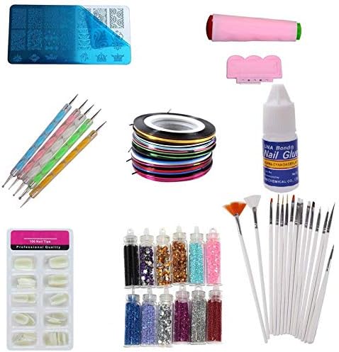 FAMEZA Nail, 5 Dotting Tools and 15 Nail Art Brushes, Nail Art 10 Striping Tapes, 12 Different Glitters, Stamping Design Plate, Stamp and Scrapper and 3 g Nail Glue - Combo of 100 Pieces