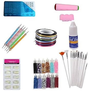 Fameza Combo of 100 Pieces of Nail, 5 Dotting Tools and 15 Nail Art Brushes, Nail Art 10 Striping Tapes, 12 Different Glitters, Stamping Design Plate, Stamp and Scrapper and 3 g Nail Glue