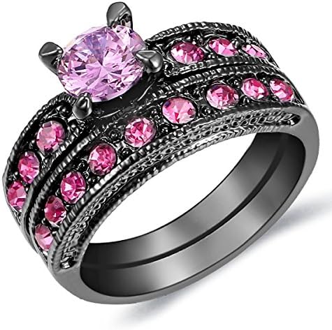 Pink Stone Diamond Bridal Women Engagement Wedding Band Ring Set Princess-Cut Us Size 5-11