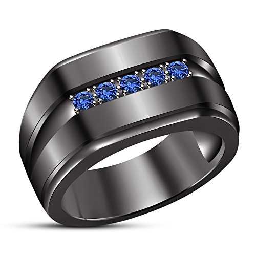 TVS-JEWELS Royal Blue Sapphire In Round Cut Black Rhodium Plated 925 Sterling Silver Men's Engagement Band Ring (10)