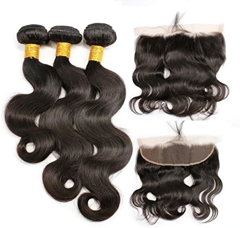 JK Brazilian Virgin Human Hair 3 Bundles with Frontal Closure Unprocessed 100% Body Wave Remy Human Hair Bundles with 13X4 Free Part Full Lace Frontal Closure Bleached Knots(14 16 18 With 12 Frontal)