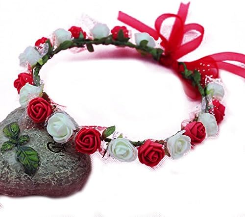 HuiJv BOHO Headband Flower Crown Festival Wedding Beach Hair Wreath (White Red)