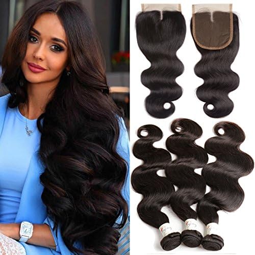 Brazilian Body Wave Human Hair 3 bundles With Closure (24 26 28 with 20) 9A grade Unprocessed Virgin Remy Hair Weave Weft with 4x4 Middle Part lace closure