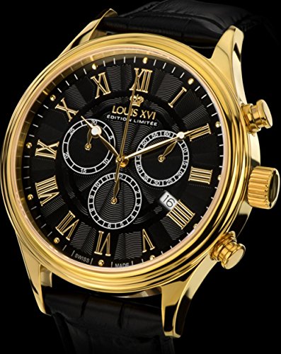 LOUIS-XVI-Herren-Armbanduhr-Danton-Gold-Schwarz-Rmische-Zahlen-Chronograph-Analog-Quarz-echtes-Leder-Schwarz-470