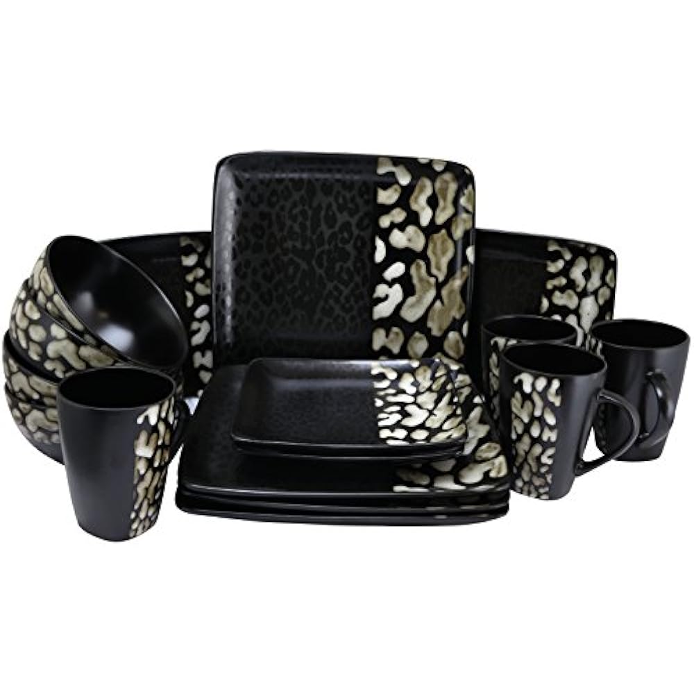 Square Stoneware Pattern Dinnerware Dish Set, 16 Piece, Matte Black