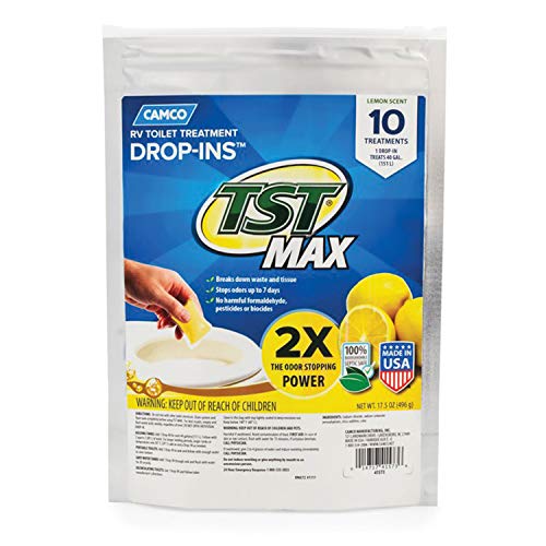 Camco TST Ultra-Concentrated Lemon Citrus Scent RV Toilet  MAX Treatment Drop-Ins, Formaldehyde Free, Breaks Down Waste And Tissue, Septic Tank Safe, 10-Pack (41573)