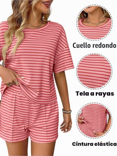 crazy bean Women's Summer 2 Piece Casual Shorts and Top T-Shirt Short Sleeve Striped Round Neck Sports Tracksuit Set