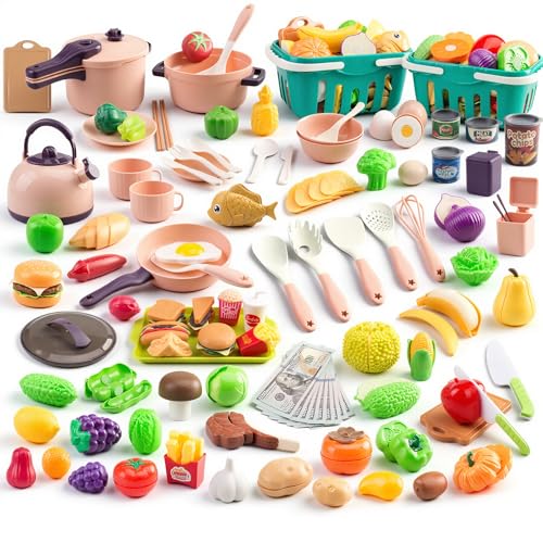 200-Piece Mini Play Kitchen Accessories for Kids Ages 3+, Pretend Cooking Playset with Cookware, Tableware & 2 Fruit Sets, Learning Gift for Girls and Boys, Pink at Amazon