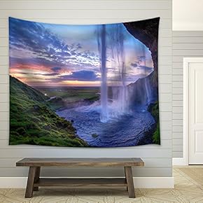 Seljalandfoss Waterfall at Sunset, Iceland Horizontal Shot - Fabric Wall Tapestry Home Decor - 51x60 inches