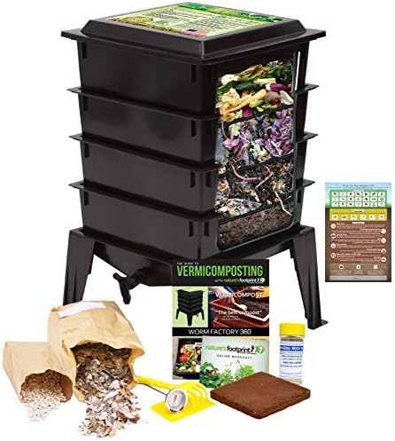 Black : Worm Factory 360 Worm Composting Bin + Bonus "What Can Red Wigglers Eat?" Infographic Refrigerator Magnet (Black) - Vermicomposting Container System - Live Worm Farm Starter Kit for Kids & Adults