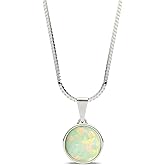 AVNIS White Opal Necklace, 6MM Round Opal Pendant Sterling Silver Necklace, Box Chain Pendant Necklace 16+2 Inches Extender for Women
