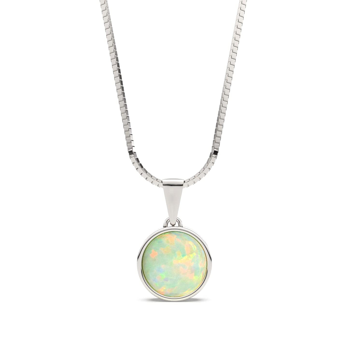 AVNIS White Opal Necklace, 6MM Round Opal Pendant Rhodium Plated Sterling Silver Necklace, Box Chain Pendant Necklace 16+2 Inches Extender for Women