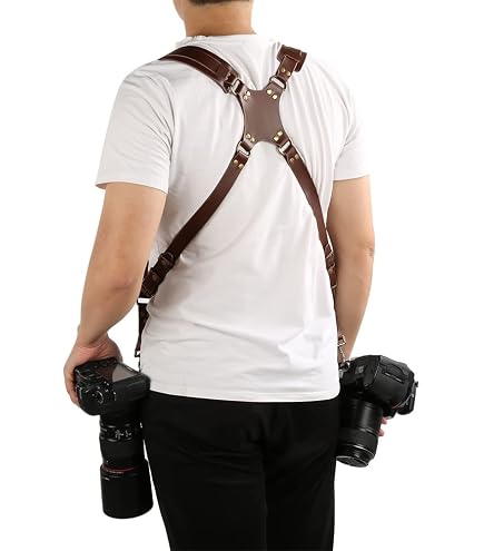 Fdit Leather Camera Strap - Double Shoulder Harness For DSLR Cameras - Adjustable Anti-Breakage Support System