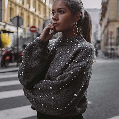 Inverlee Women Winter Gray O Neck Long Sleeve Pearl Knitted Sweater Blouse Pullovers