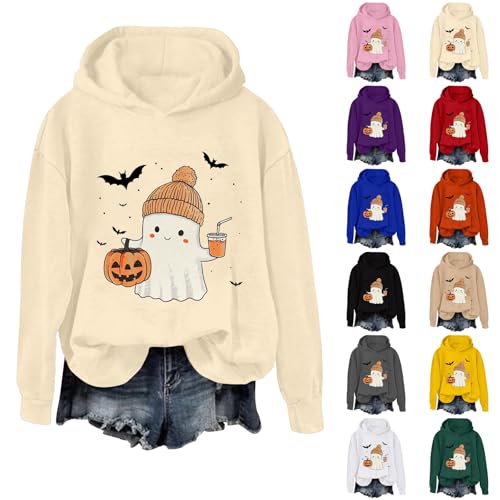 Angxiwan Halloween Jumper Women UK Sweatshirts for Women UK Oversized Crew Neck Solid Color Pullover Cute Ghost Print Casual Long Sleeve Halloween Sweatshirt Bat Wing Hoodie Ghost Lady Jumper