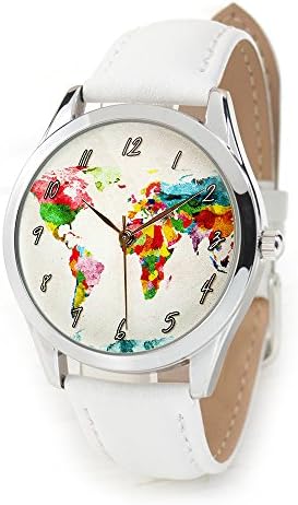 World Map Watch with Leather Band - Watercolor Map Watch - Gift for Traveler - Quartz Japan Movt …