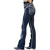 Alilyol Bootcut Jeans for Women,Stretchy Feather Flower Embroidery Mid Rise Slim Straight Leg Pants Jeans