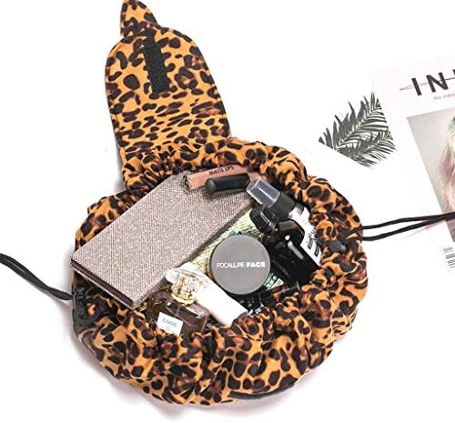 Lazy Drawstring Makeup Bag, Leopard Print Travel Cosmetic Bag Large Capacity Drawstring Makeup Bag Beam Mouth Storage Bag B